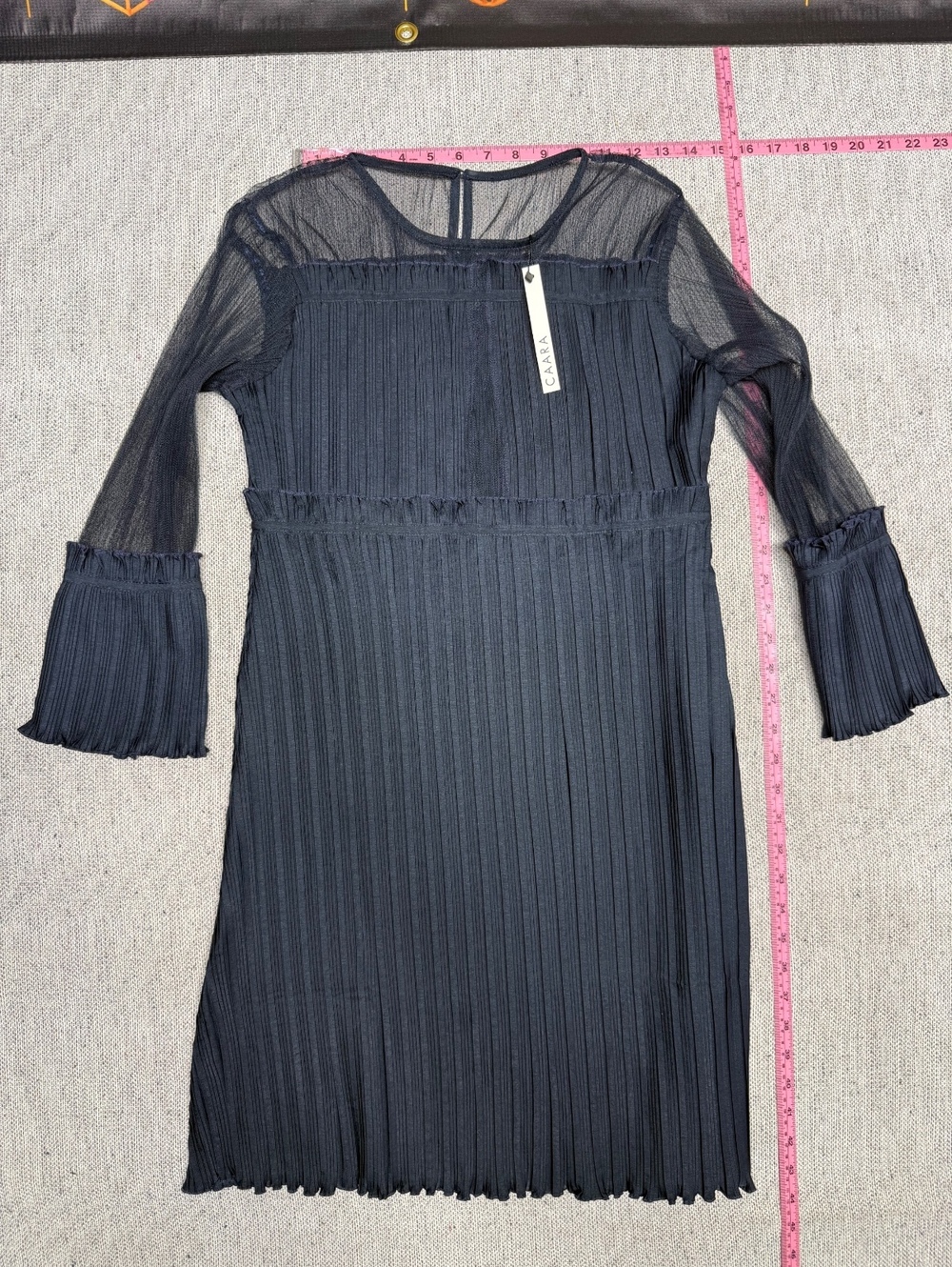 CAARA NWT Women's Navy Blue Pleated Mesh Sleeve Dress Medium